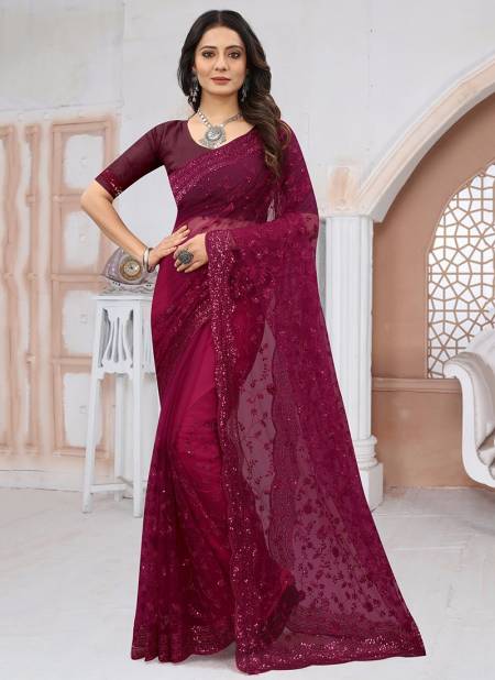 Wine Colour APPRECIATE Designer Stylish Party Wear Heavy Net Embroidery Work Saree Collection 1214